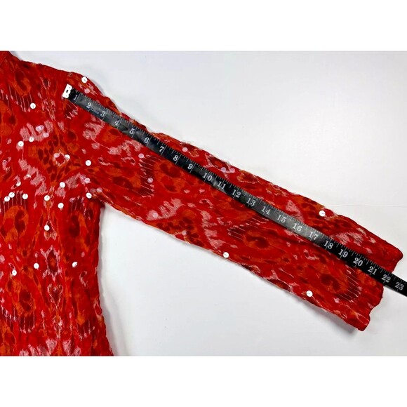 Tory Burch Sequin Silk Blend Tunic Blouse Red Pink Ikat Print Size 6 Sheer Top - Picture 11 of 13